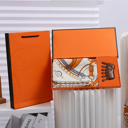 Luxury Orange Scarf Gift Set for Women - 70x70cm Belt Buckle Print Square Scarf with Elephant Comb, Stylish Neck Scarf & Hair Comb Set in Gift Box - Perfect Present for Birthday, Mother's Day, Anniversary