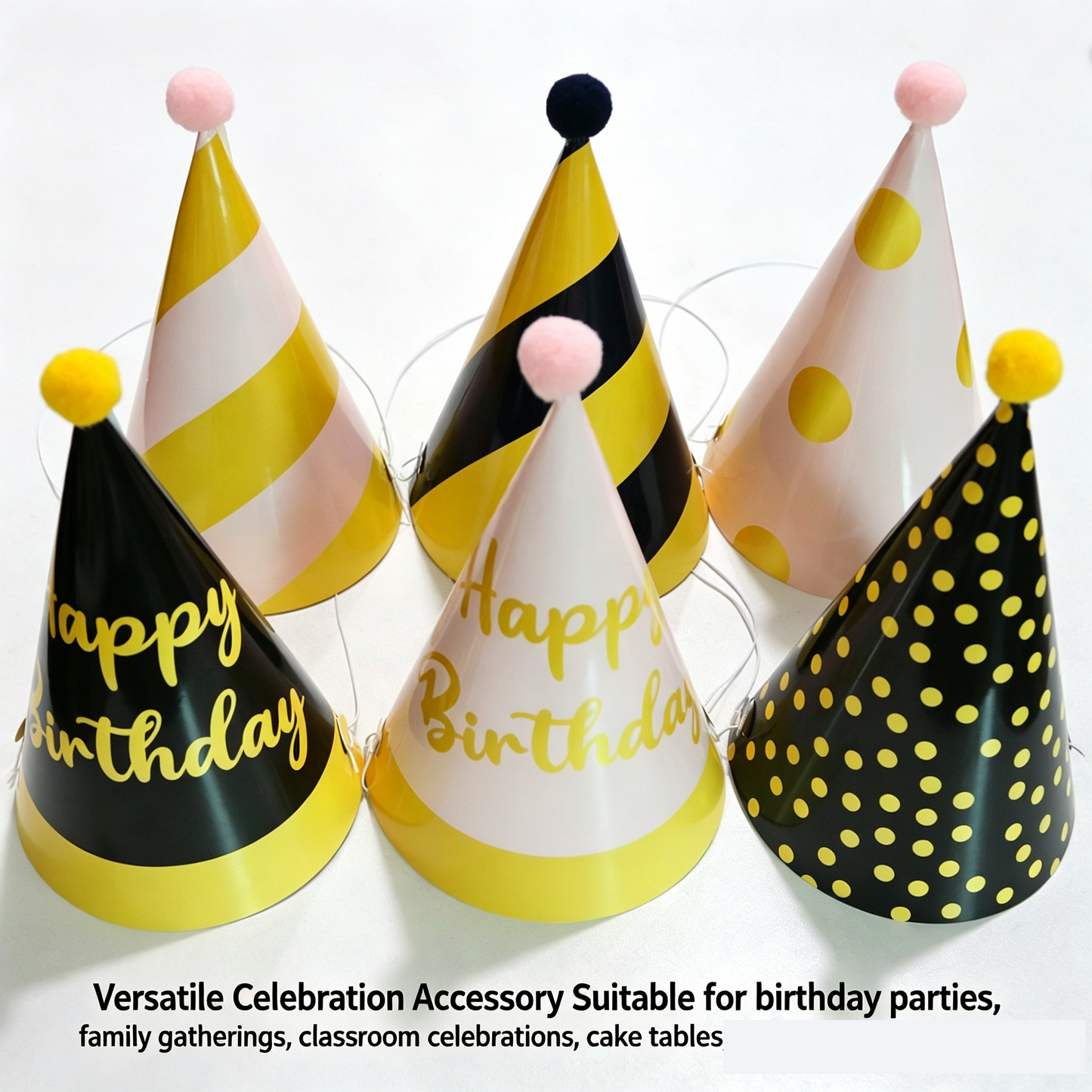 12-piece Kids Birthday Party Hats Set - Gold Pink and Black Paper Cone Hats with Pom Pom Tops, Fun Party Table Decorations, Celebration Accessories for Birthday Events and Themed Gatherings