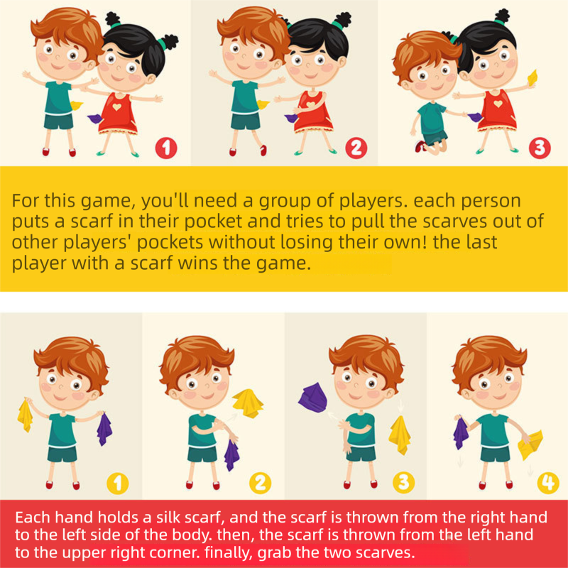 6-piece 60*60 cm(Red and Orange and Yellow and Green and Blue and Purple) Kids Magic Scarf Set -  Colourful Chiffon Dance Scarves for Performance Play, Lightweight Rainbow Juggling Scarves, Creative Movement and Party Game Props