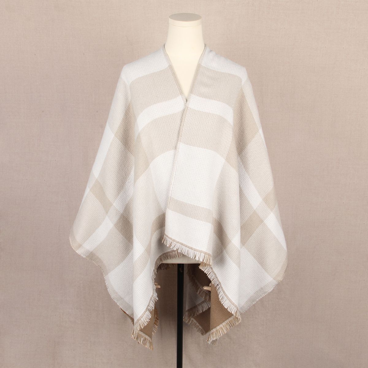 Beige and Brown Women Plaid Poncho Shawl Wrap - Faux Cashmere Reversible Cape Scarf with Fringe Trim, Warm Winter Layering Outerwear, Soft Neutral Checked Travel Friendly Style