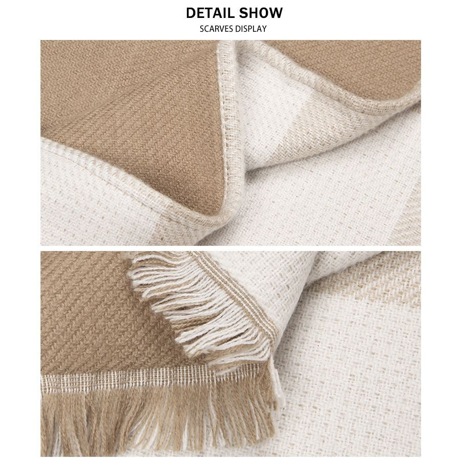 Beige and Brown Women Plaid Poncho Shawl Wrap - Faux Cashmere Reversible Cape Scarf with Fringe Trim, Warm Winter Layering Outerwear, Soft Neutral Checked Travel Friendly Style