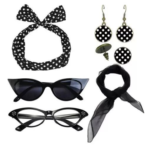 Black 6 Piece Vintage Polka Dot Party Kit Accessories Set - 1950s Retro Costume with Cat Eye Sunglasses, Headband, Earrings, Studs and Neck Scarf for Cosplay and Themed Events