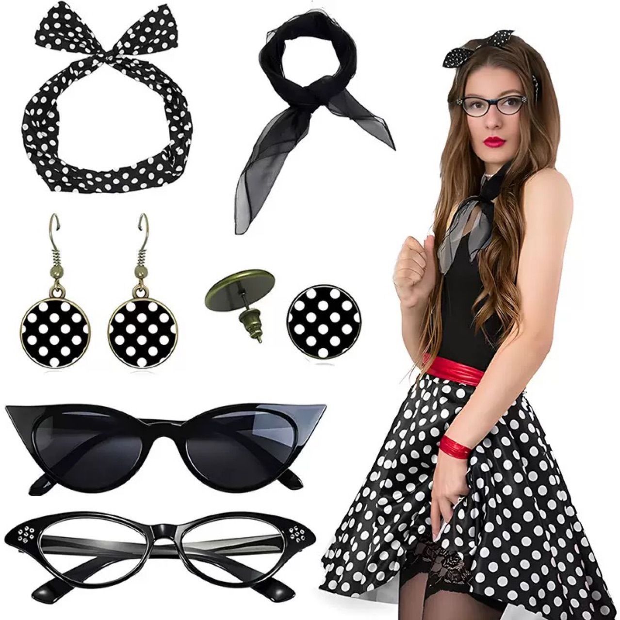 Black 6 Piece Vintage Polka Dot Party Kit Accessories Set - 1950s Retro Costume with Cat Eye Sunglasses, Headband, Earrings, Studs and Neck Scarf for Cosplay and Themed Events