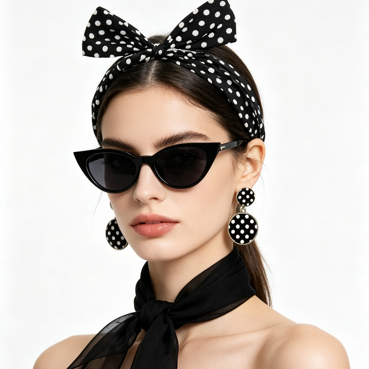 Black 6 Piece Vintage Polka Dot Party Kit Accessories Set - 1950s Retro Costume with Cat Eye Sunglasses, Headband, Earrings, Studs and Neck Scarf for Cosplay and Themed Events