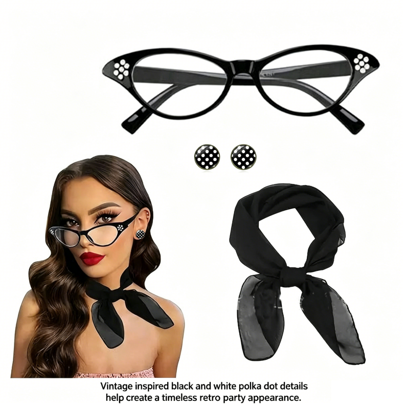 Black 6 Piece Vintage Polka Dot Party Kit Accessories Set - 1950s Retro Costume with Cat Eye Sunglasses, Headband, Earrings, Studs and Neck Scarf for Cosplay and Themed Events