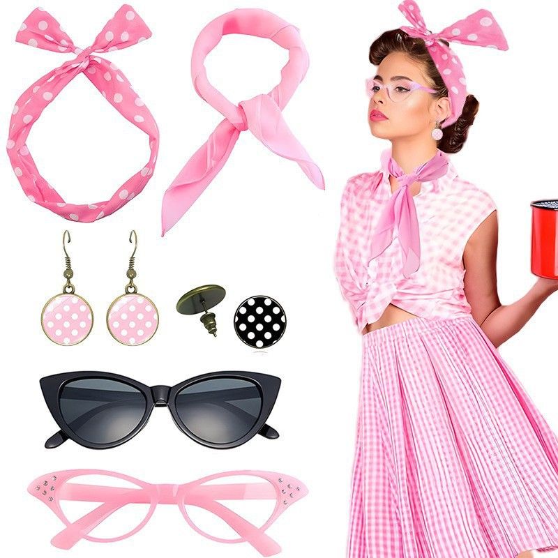 Pink 6 Piece Vintage Polka Dot Party Kit Accessories Set - 1950s Retro Costume with Cat Eye Sunglasses, Headband, Earrings, Studs and Neck Scarf for Cosplay and Themed Events