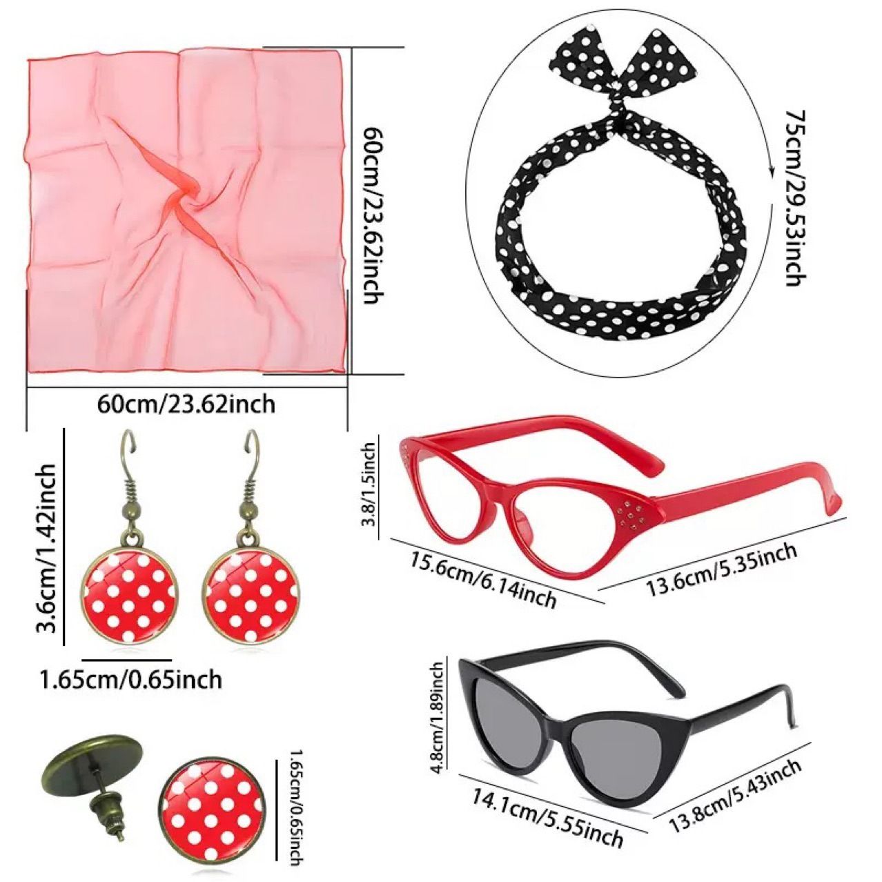 Pink 6 Piece Vintage Polka Dot Party Kit Accessories Set - 1950s Retro Costume with Cat Eye Sunglasses, Headband, Earrings, Studs and Neck Scarf for Cosplay and Themed Events