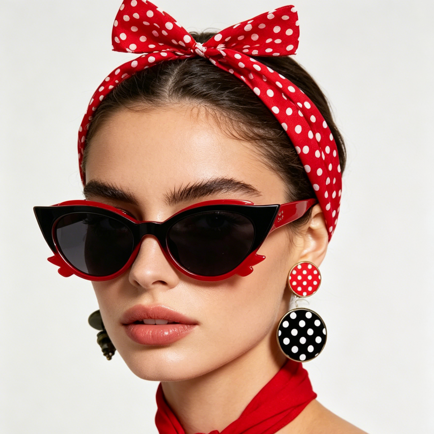 Red 6 Piece Vintage Polka Dot Party Kit Accessories Set - 1950s Retro Costume with Cat Eye Sunglasses, Headband, Earrings, Studs and Neck Scarf for Cosplay and Themed Events