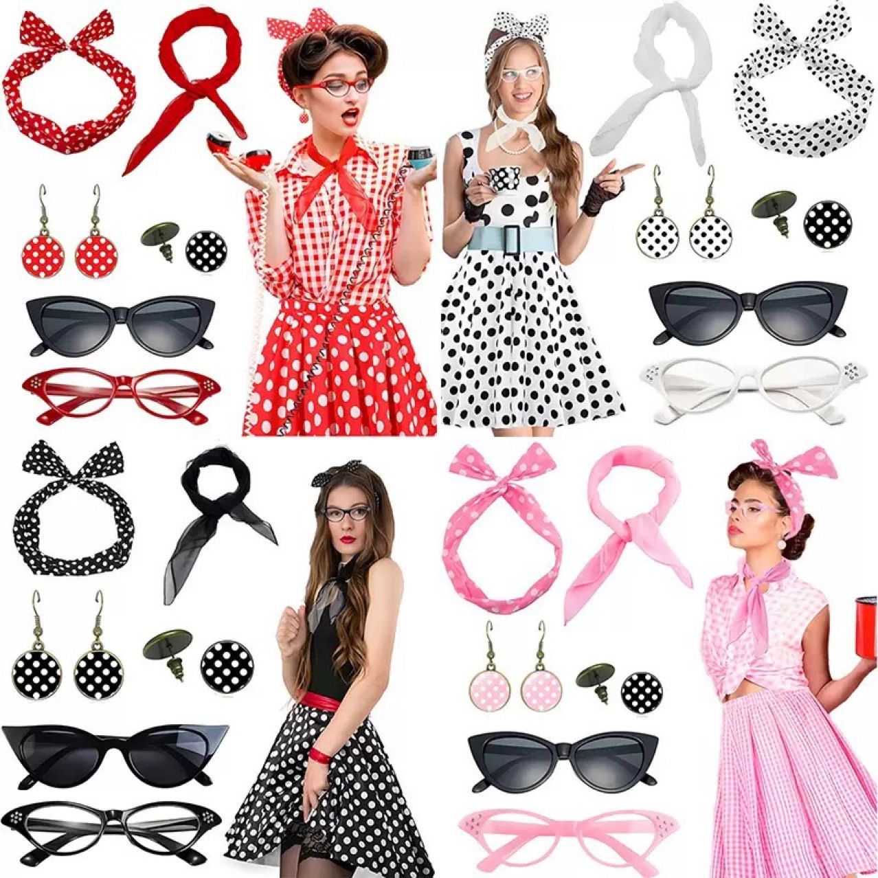 Red 6 Piece Vintage Polka Dot Party Kit Accessories Set - 1950s Retro Costume with Cat Eye Sunglasses, Headband, Earrings, Studs and Neck Scarf for Cosplay and Themed Events