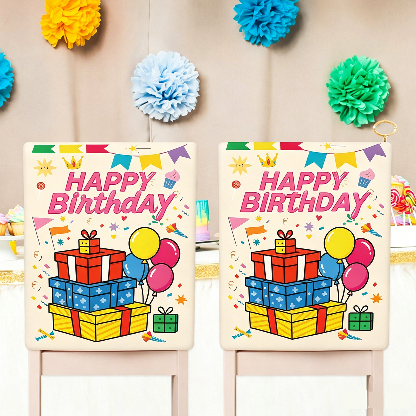 2 pcs Cartoon half chair covers birthday（Happy birthday*2）  - Stretch Dining Chair Back Cover with Gift Print Decorative Slipcover for Birthday Party Home Dining Room Decoration chair back covers party