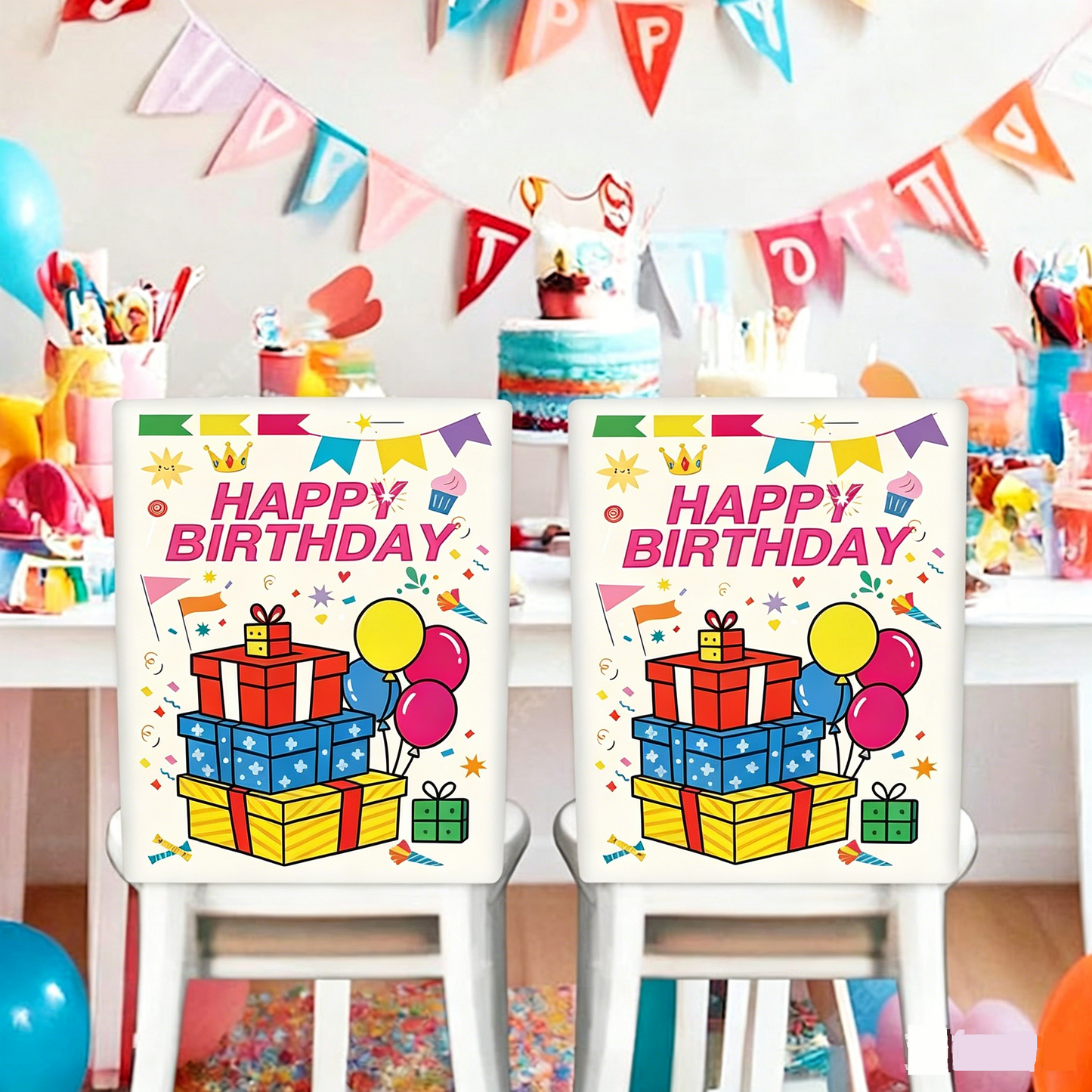 4 pcs Cartoon half chair covers birthday(Happy birthday*3 and It's my birthday*1) - Stretch Dining Chair Back Cover with Gift Print Decorative Slipcover for Birthday Party Home Dining Room Decoration chair back covers party