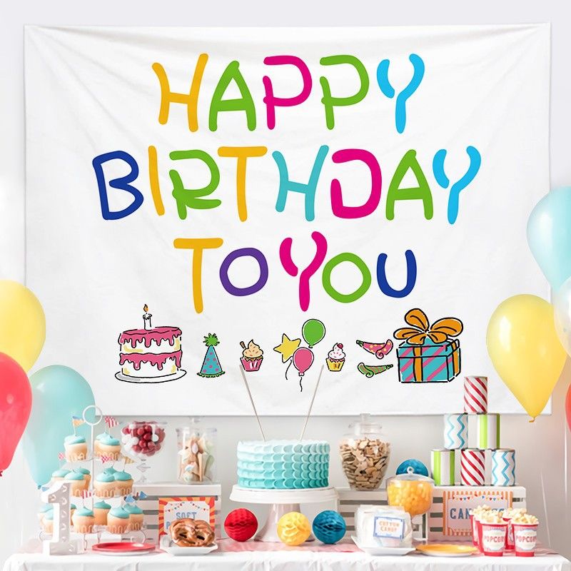 Cartoon Birthday Wall Tapestry Banner（Birthday Cake Style） - Colourful Happy Birthday Backdrop Hanging Cloth with Installation Accessories for Kids Party Bedroom Dorm Room Decoration