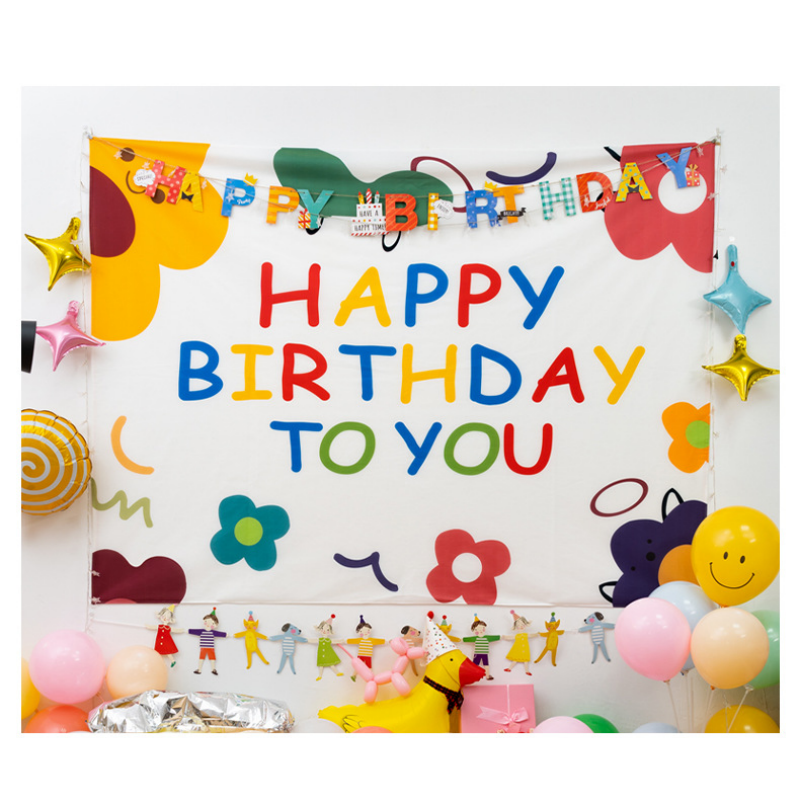 Cartoon Birthday Wall Tapestry Banner（Birthday Cake Style） - Colourful Happy Birthday Backdrop Hanging Cloth with Installation Accessories for Kids Party Bedroom Dorm Room Decoration