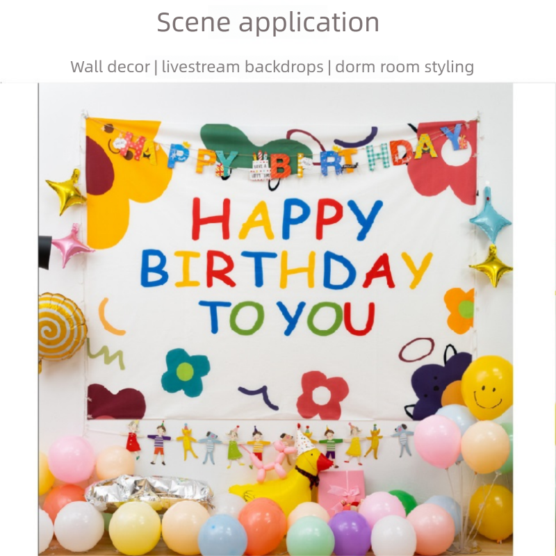 Cartoon Birthday Wall Tapestry Banner（Birthday Cake Style） - Colourful Happy Birthday Backdrop Hanging Cloth with Installation Accessories for Kids Party Bedroom Dorm Room Decoration
