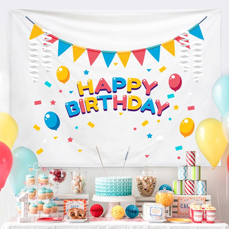 Cartoon Birthday Wall Tapestry Banner（Flag and balloon style） - Colourful Happy Birthday Backdrop Hanging Cloth with Installation Accessories for Kids Party Bedroom Dorm Room Decoration