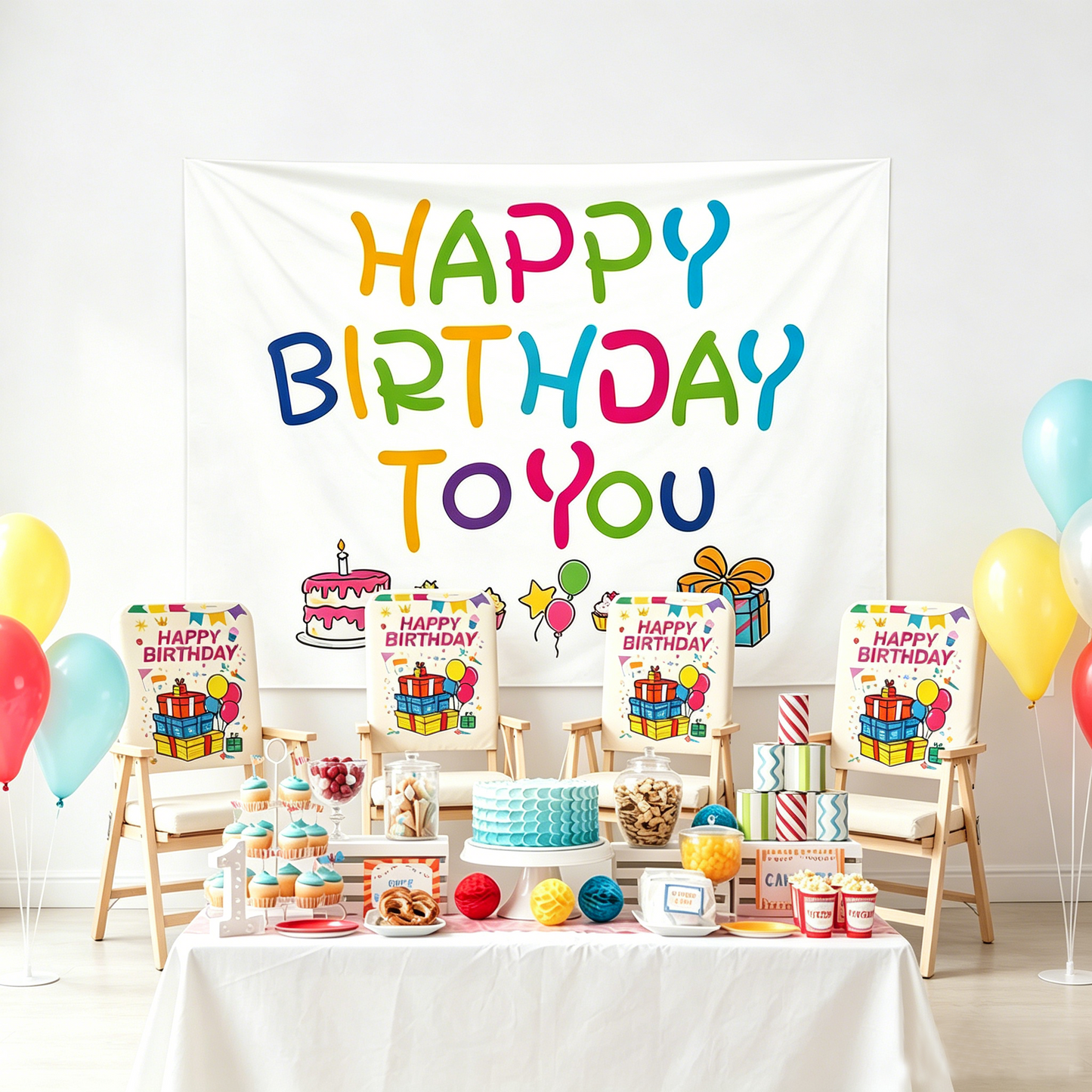 5 pcs Birthday Party Decoration Set - Happy Birthday Backdrop Banner with 4 pcs Chair Covers, Cartoon Polyester Party Decor Kit for Kids Celebration Room Setup