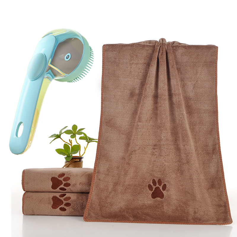 2-Piece Pet Cleaning Set - Blue Silicone Bath Brush with Liquid Dispenser and Brown 40*80cm  Microfiber Drying Towel, Cleaning Leak-Proof Massage Scrubber for Dogs and Cats