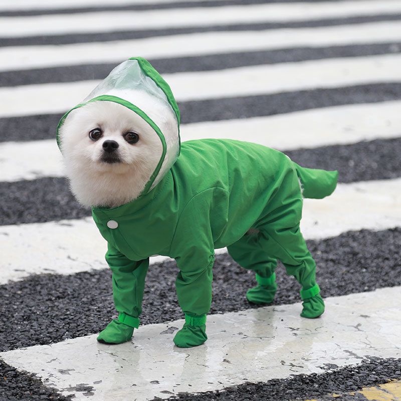Green M size Full Coverage Pet Raincoat Jumpsuit Waterproof Dog Rain Suit with Attached Shoes and Tail Cover-Lightweight Hooded Dog Poncho for Small Dogs