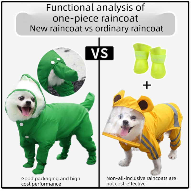 Green M size Full Coverage Pet Raincoat Jumpsuit Waterproof Dog Rain Suit with Attached Shoes and Tail Cover-Lightweight Hooded Dog Poncho for Small Dogs