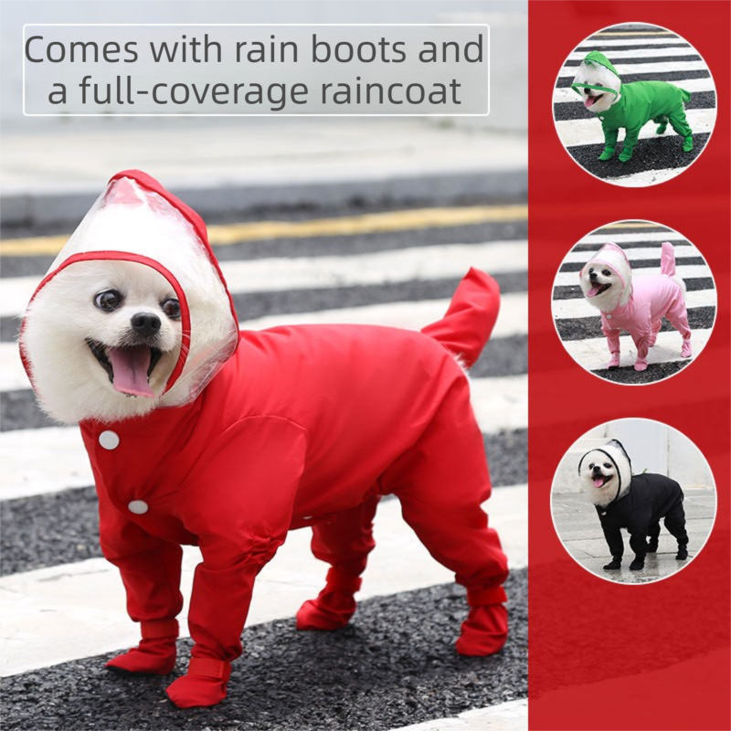 Pink M size Full Coverage Pet Raincoat Jumpsuit Waterproof Dog Rain Suit with Attached Shoes and Tail Cover-Lightweight Hooded Dog Poncho for Small Dogs