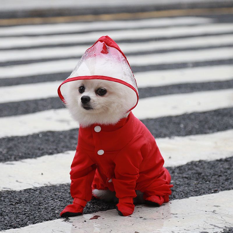 Red M size Full Coverage Pet Raincoat Jumpsuit Waterproof Dog Rain Suit with Attached Shoes and Tail Cover-Lightweight Hooded Dog Poncho for Small Dogs