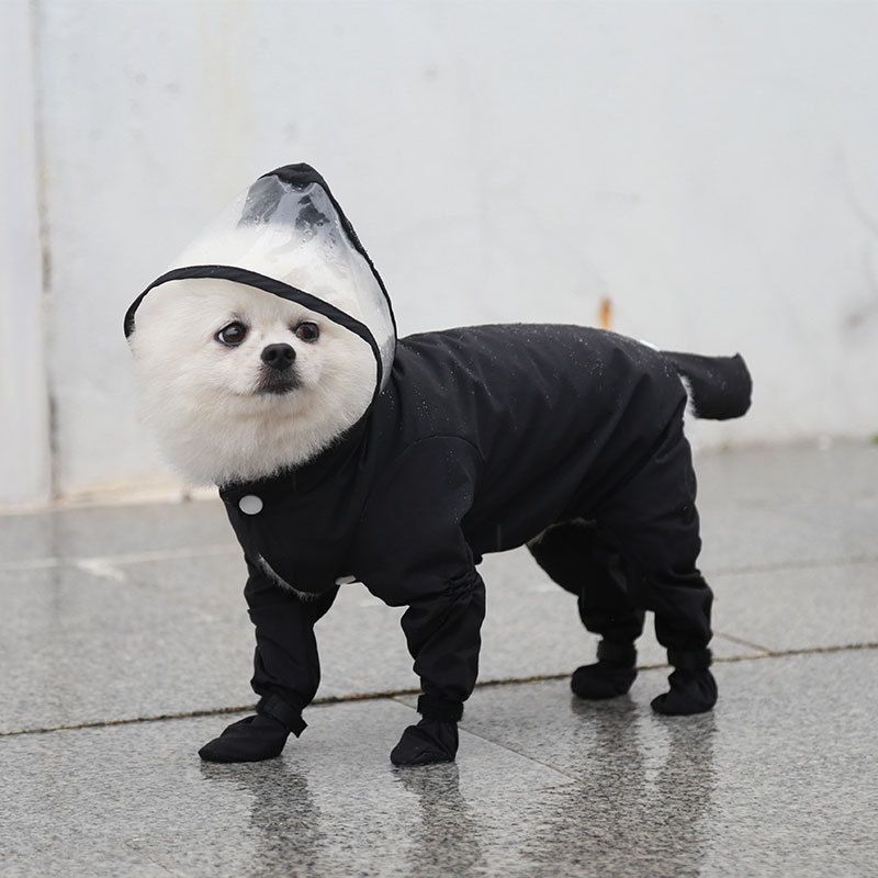 Black L size Full Coverage Pet Raincoat Jumpsuit Waterproof Dog Rain Suit with Attached Shoes and Tail Cover-Lightweight Hooded Dog Poncho for Small Dogs