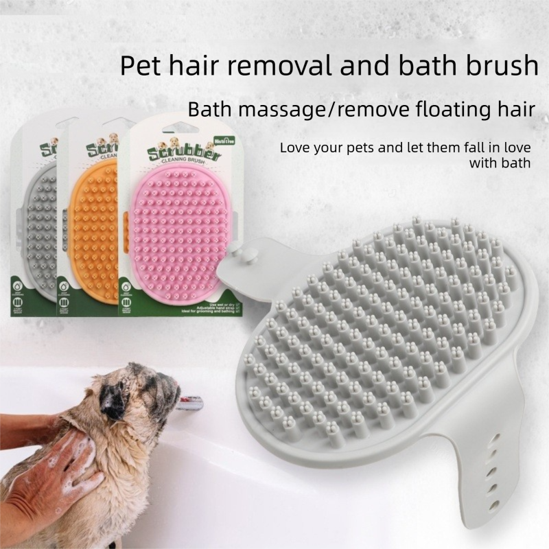 Grey Pet Bath Massage Brush Soft TPR Grooming Brush for Dogs and Cats Adjustable Hand Strap Deshedding Scrubber