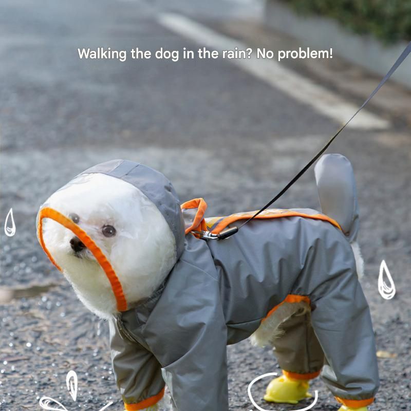 Grey and Orange XL size Dog Raincoat with Leash Access and Transparent Hood - Waterproof Full Body Pet Rain Suit for Small and Medium Dogs, Reflective Trim, Removable Tail Cover, Outdoor Walking Apparel