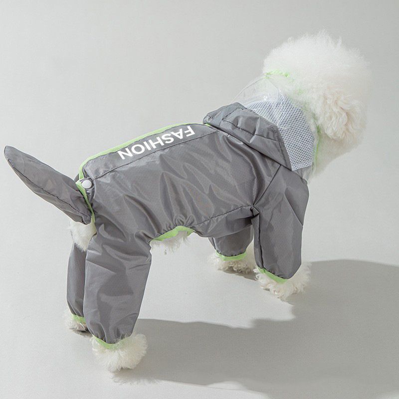 Grey and Green S size Dog Raincoat with Leash Access and Transparent Hood - Waterproof Full Body Pet Rain Suit for Small and Medium Dogs, Reflective Trim, Removable Tail Cover, Outdoor Walking Apparel