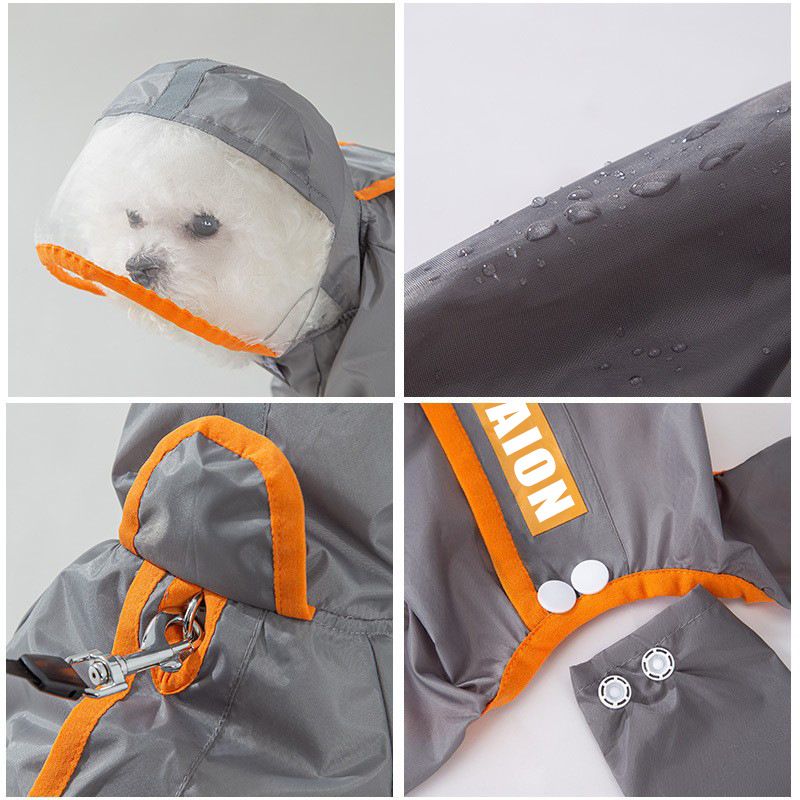 Grey and Green M size Dog Raincoat with Leash Access and Transparent Hood - Waterproof Full Body Pet Rain Suit for Small and Medium Dogs, Reflective Trim, Removable Tail Cover, Outdoor Walking Apparel