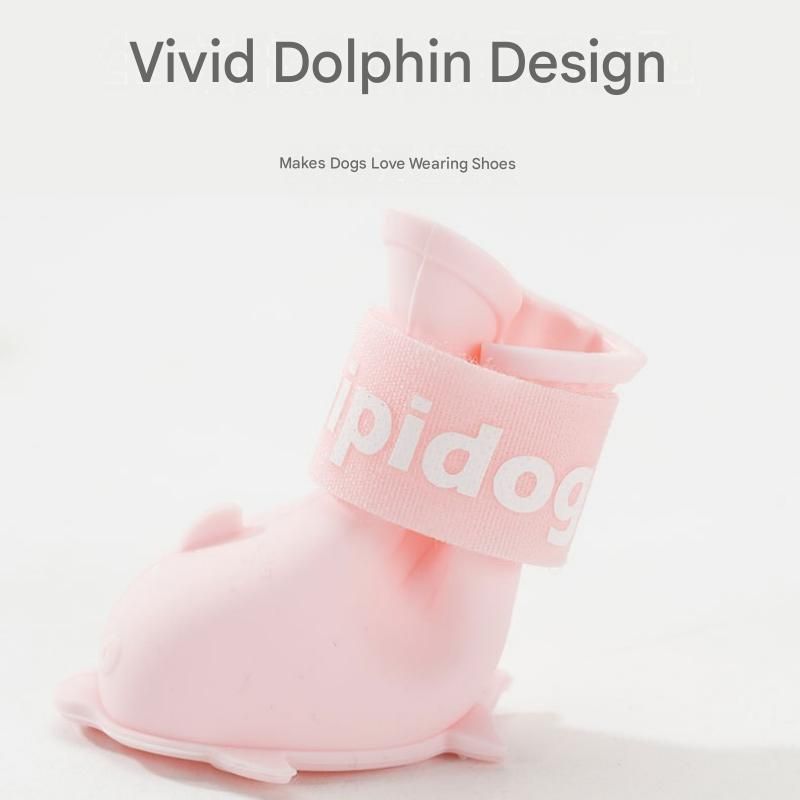 Pink M size Waterproof Dog Rain Boots Set of 4 - Cartoon Dolphin Design Shape PVC Pet Shoes with Adjustable Hook and Loop Straps, Anti Slip Paw Protectors for Small Dogs and Puppy Outdoor Walks