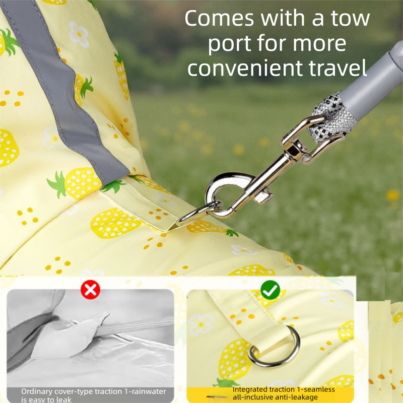 Yellow M size Pineapple Print Full-Cover Dog Raincoat with Transparent Hood, Waterproof Four-Leg Pet Rain Suit with Reflective Strips and Integrated Leash Ring for Small and Medium Dogs