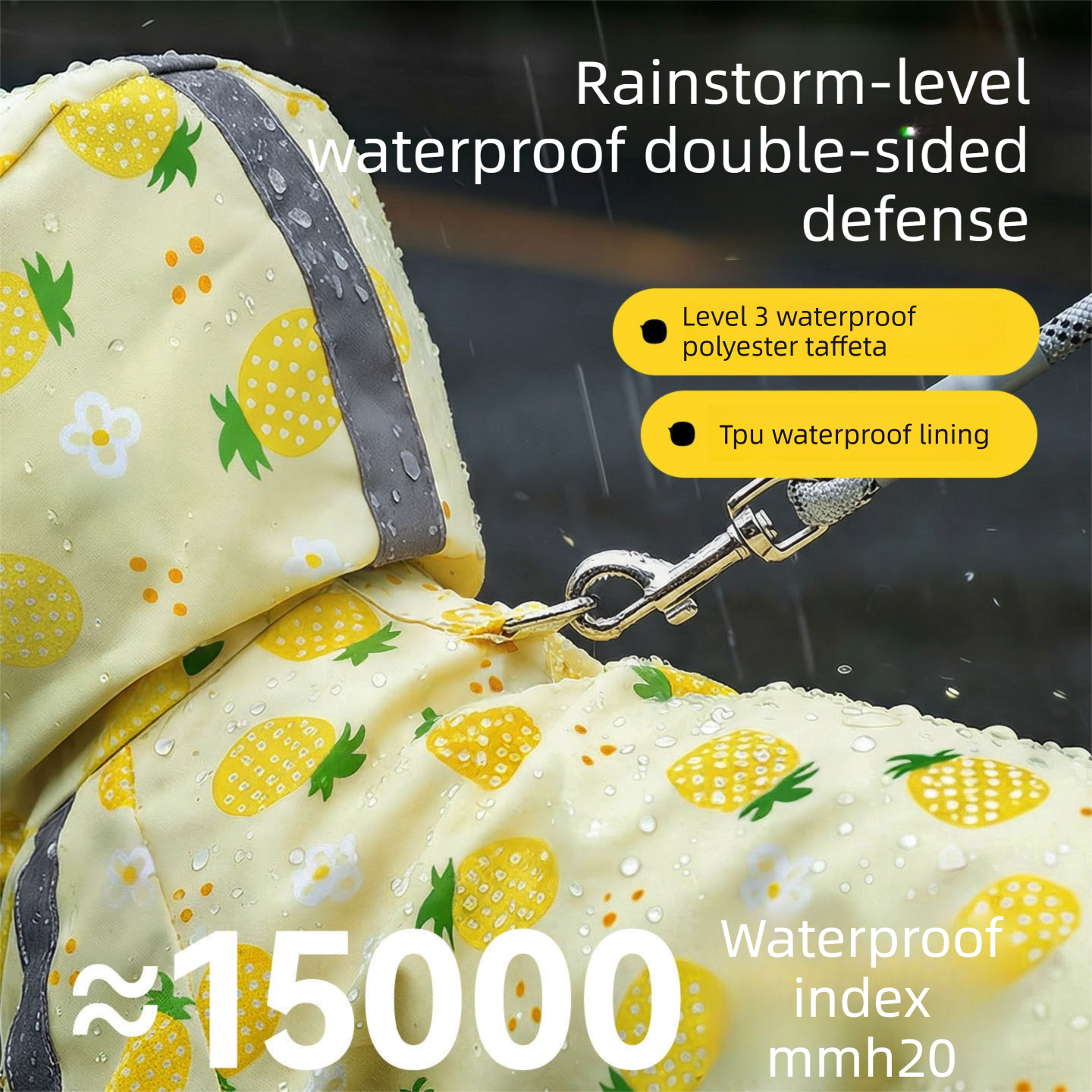 Yellow L size Pineapple Print Full-Cover Dog Raincoat with Transparent Hood, Waterproof Four-Leg Pet Rain Suit with Reflective Strips and Integrated Leash Ring for Small and Medium Dogs