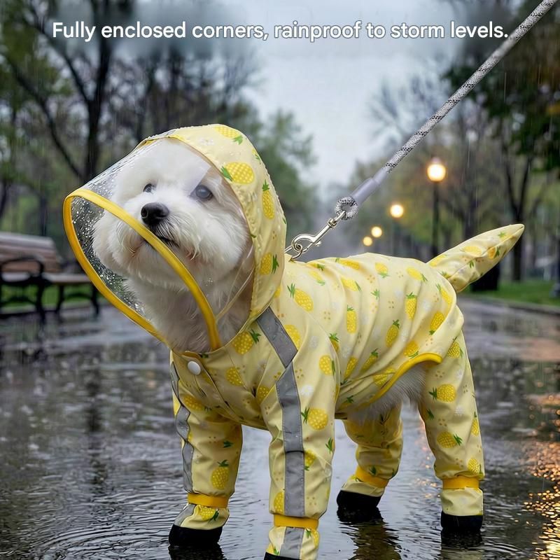Yellow L size Pineapple Print Full-Cover Dog Raincoat with Transparent Hood, Waterproof Four-Leg Pet Rain Suit with Reflective Strips and Integrated Leash Ring for Small and Medium Dogs