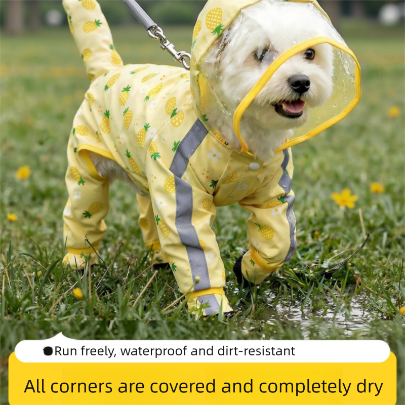 Yellow XL size Pineapple Print Full-Cover Dog Raincoat with Transparent Hood, Waterproof Four-Leg Pet Rain Suit with Reflective Strips and Integrated Leash Ring for Small and Medium Dogs
