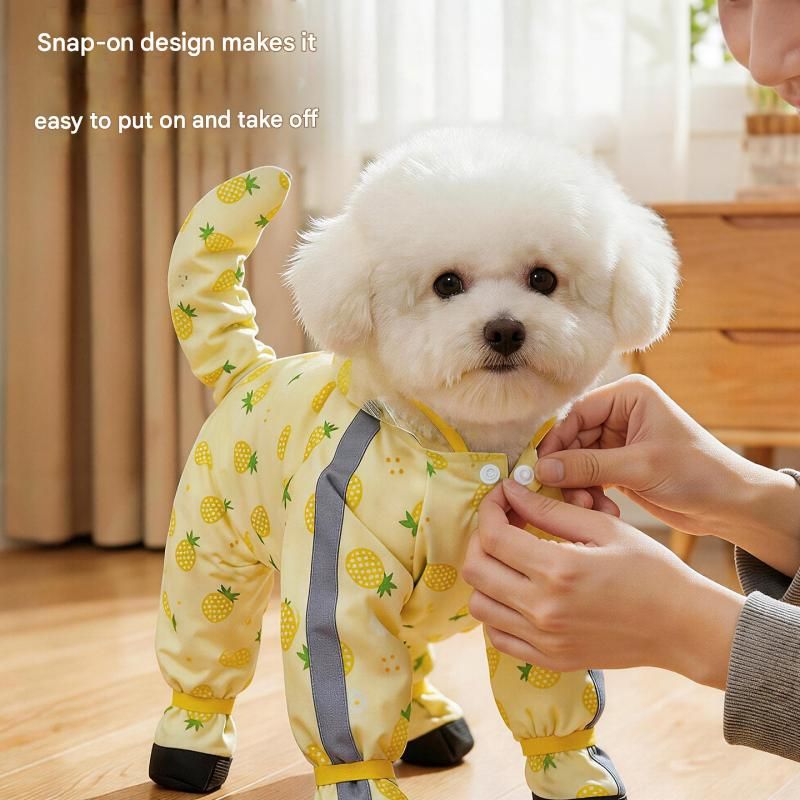 Yellow XL size Pineapple Print Full-Cover Dog Raincoat with Transparent Hood, Waterproof Four-Leg Pet Rain Suit with Reflective Strips and Integrated Leash Ring for Small and Medium Dogs