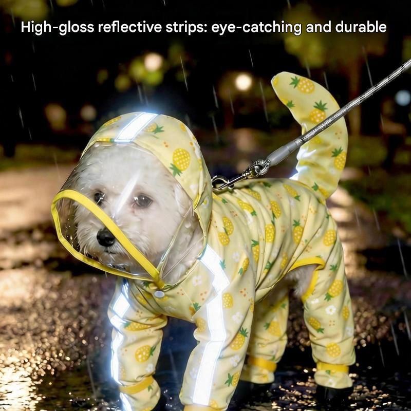 Yellow XL size Pineapple Print Full-Cover Dog Raincoat with Transparent Hood, Waterproof Four-Leg Pet Rain Suit with Reflective Strips and Integrated Leash Ring for Small and Medium Dogs