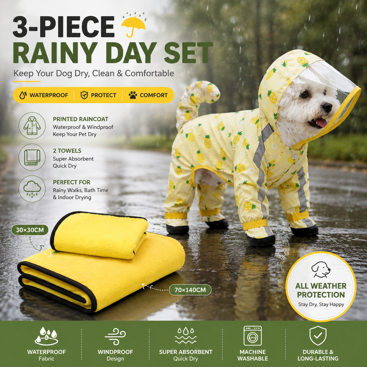 3-piece Dog Rainy Day Care Set with  Yellow S size Waterproof Raincoat, 30x30cm Paw Towel and 70x140cm Pet Bath Towel, Quick-Dry Pet Rain Protection Kit for Small and Medium Dogs