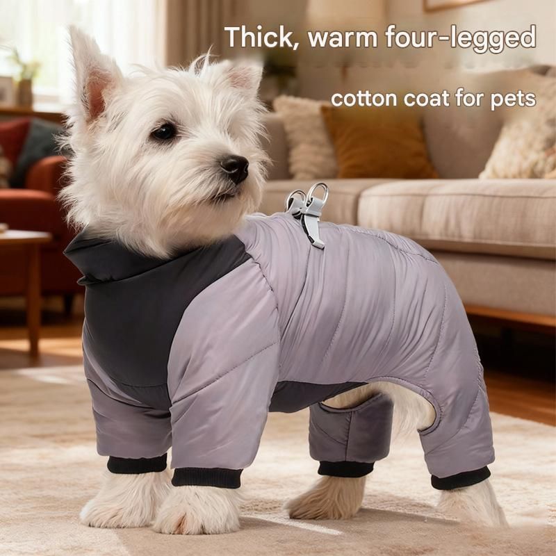Grey S size Winter Dog Jumpsuit Coat – Waterproof Four-Leg Pet Jacket with Reflective Harness Clip, Windproof Warm Padded Puppy Snowsuit, Adjustable Polyester Dog Clothing for Small to Medium Dogs