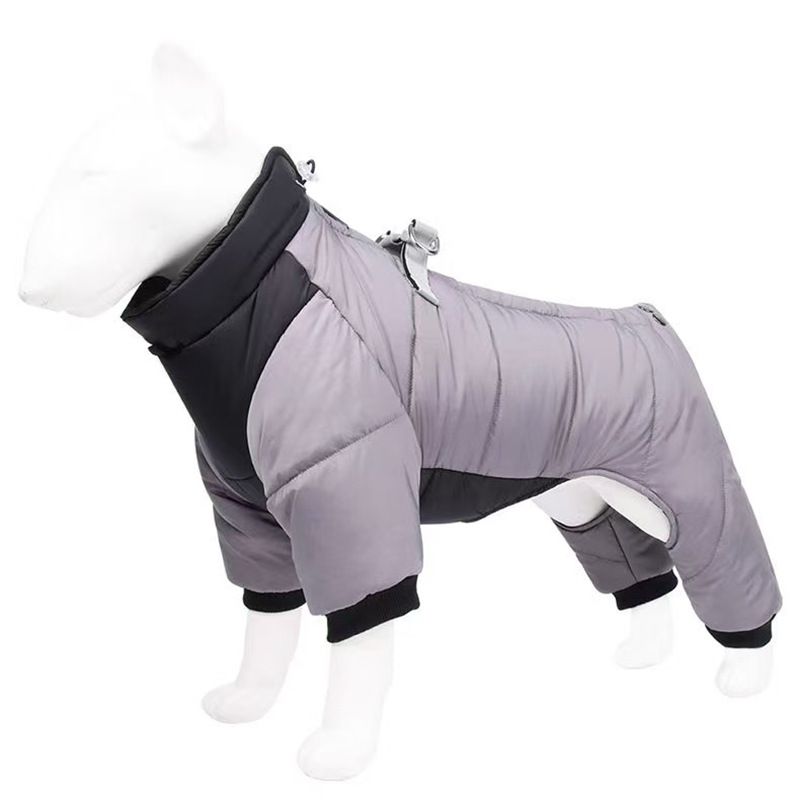 Grey L size Winter Dog Jumpsuit Coat – Waterproof Four-Leg Pet Jacket with Reflective Harness Clip, Windproof Warm Padded Puppy Snowsuit, Adjustable Polyester Dog Clothing for Small to Medium Dogs