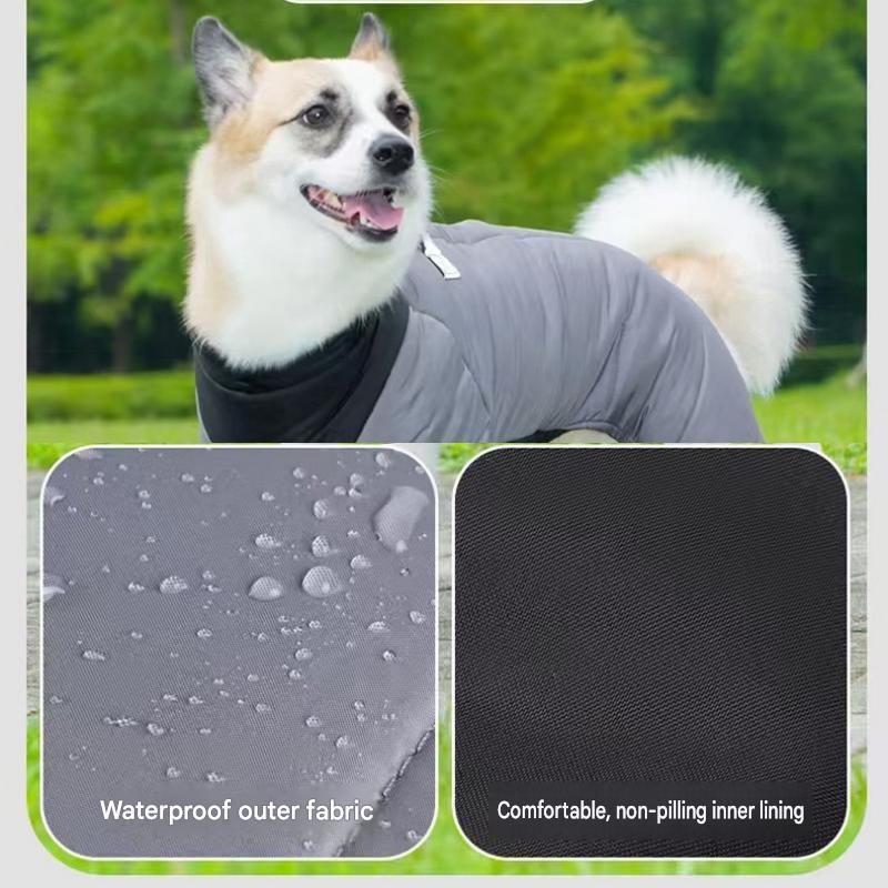 Orange L size Winter Dog Jumpsuit Coat – Waterproof Four-Leg Pet Jacket with Reflective Harness Clip, Windproof Warm Padded Puppy Snowsuit, Adjustable Polyester Dog Clothing for Small to Medium Dogs