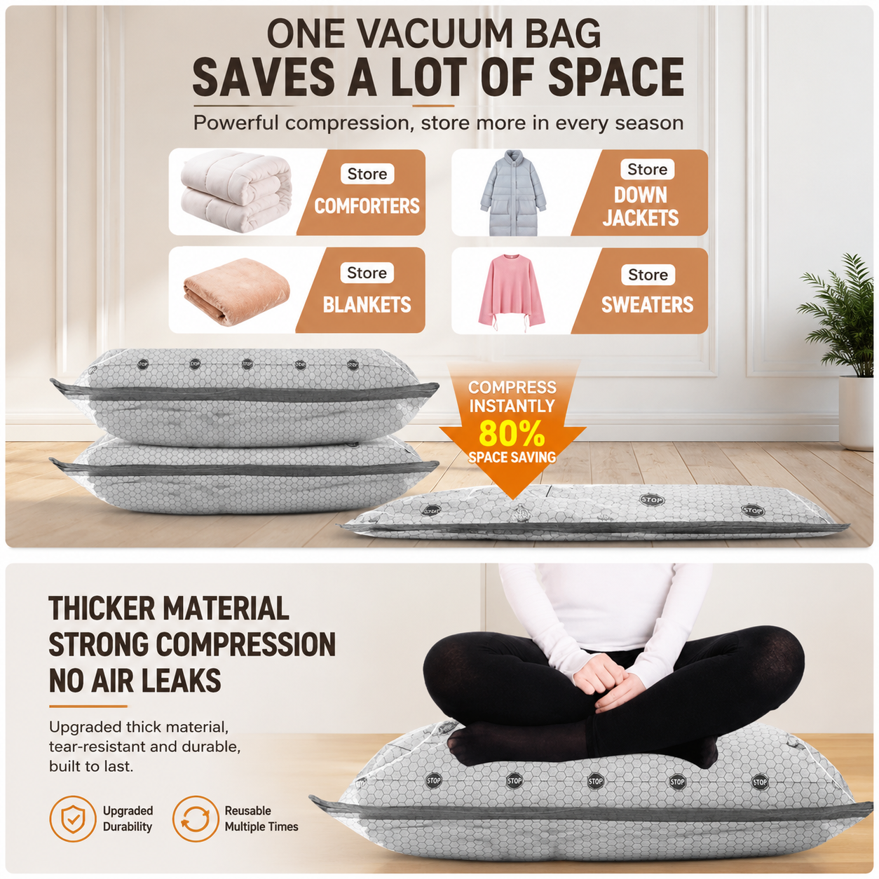 12-piece Travel Vacuum Storage Bags Set for Clothes and Bedding, Space Saving Compression Bags for Suitcases, Wardrobes and Seasonal Storage, Reusable PA+PE Vacuum Seal Bags