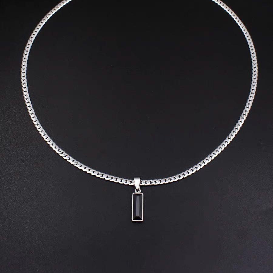 Black Zircon Bar Pendant Necklace 40cm+5cm for Men, Stainless Steel Cuban Chain Necklace, Minimalist Hip Hop Street Style Jewellery