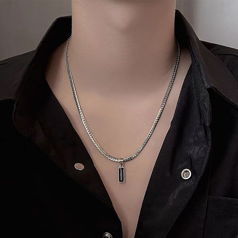 Black Zircon Bar Pendant Necklace 45cm+5cm for Men, Stainless Steel Cuban Chain Necklace, Minimalist Hip Hop Street Style Jewellery