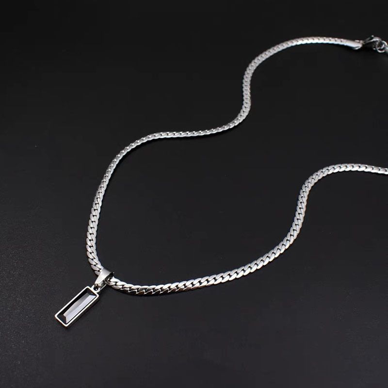 Black Zircon Bar Pendant Necklace 45cm+5cm for Men, Stainless Steel Cuban Chain Necklace, Minimalist Hip Hop Street Style Jewellery