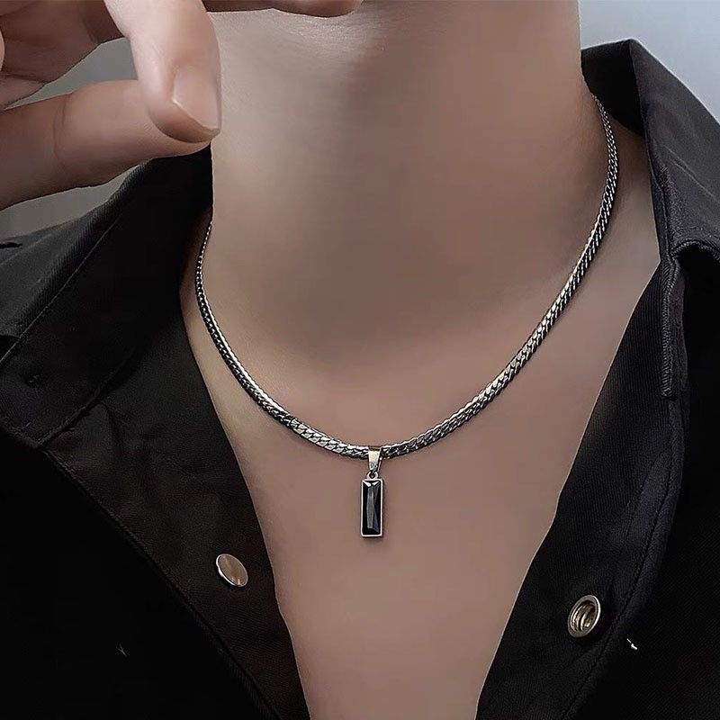 Black Zircon Bar Pendant Necklace 50cm+5cm for Men, Stainless Steel Cuban Chain Necklace, Minimalist Hip Hop Street Style Jewellery