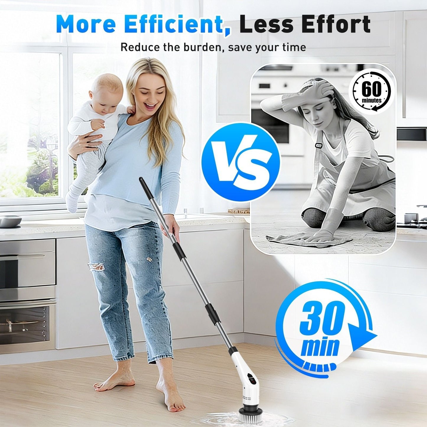 Black 9 piece replaceable cleaning brush heads Electric Spin Scrubber with Extendable Handle - Cordless Rechargeable Cleaning Brush for Kitchen, Bathroom and Floors - IPX6 Waterproof, 2-Speed Motor, Long Battery Life