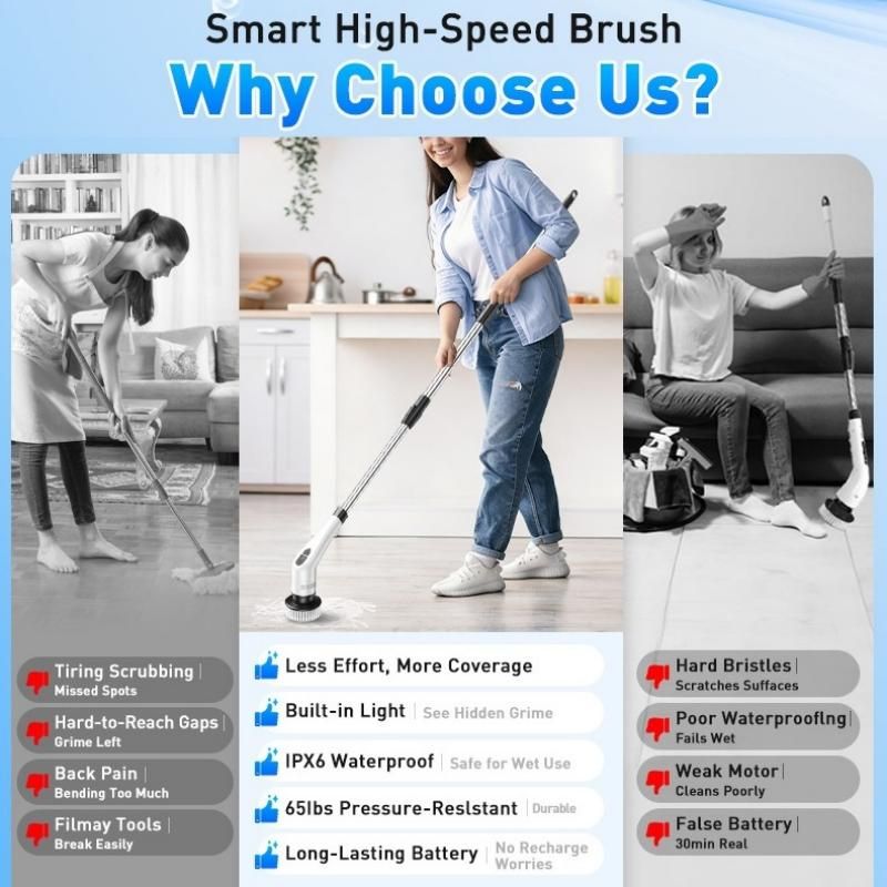Black 9 piece replaceable cleaning brush heads Electric Spin Scrubber with Extendable Handle - Cordless Rechargeable Cleaning Brush for Kitchen, Bathroom and Floors - IPX6 Waterproof, 2-Speed Motor, Long Battery Life