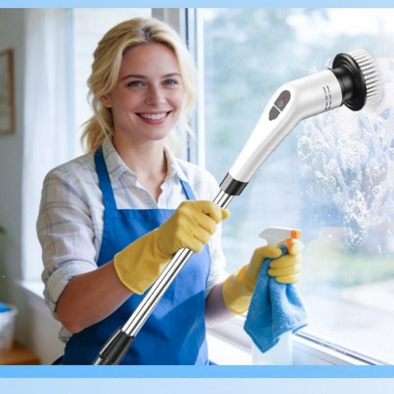 Black 9 piece replaceable cleaning brush heads Electric Spin Scrubber with Extendable Handle - Cordless Rechargeable Cleaning Brush for Kitchen, Bathroom and Floors - IPX6 Waterproof, 2-Speed Motor, Long Battery Life