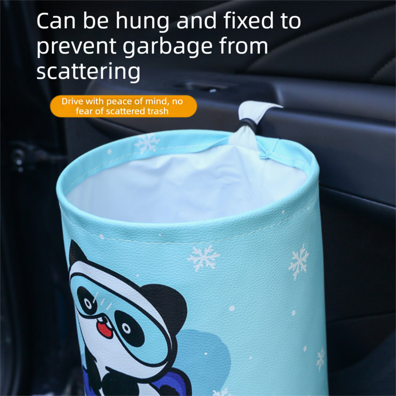 panda pattern Car Blue Trash Can - Foldable Dual-Layer Waterproof Car Garbage Bin , Space-Saving, Easy Clean, Portable Storage for Vehicle Interior, Durable Faux Leather Material